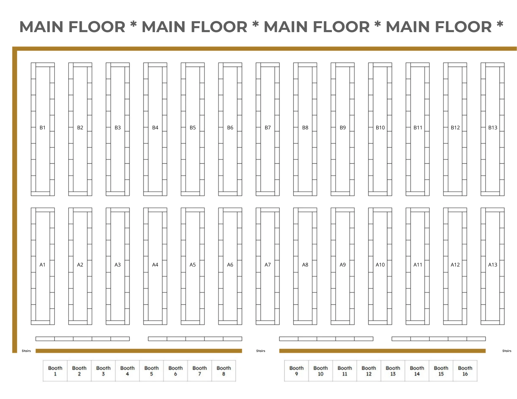 Main floor plan 1: rows A1–A13 and B1–B13, with booth and access locations.
