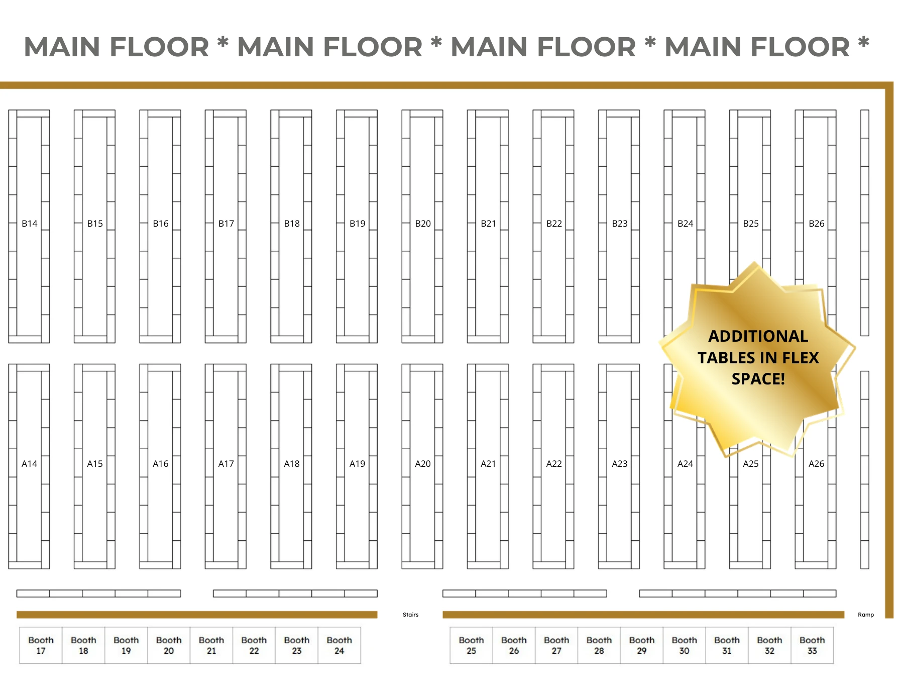 Main floor plan 2: rows A14–A26 and B14–B26, with booth and access locations.